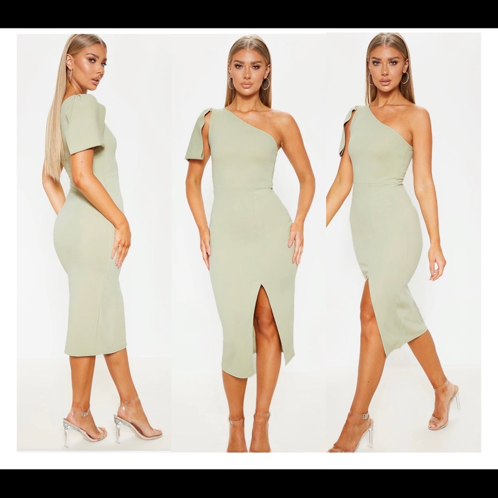 Sage color one shoulder dress